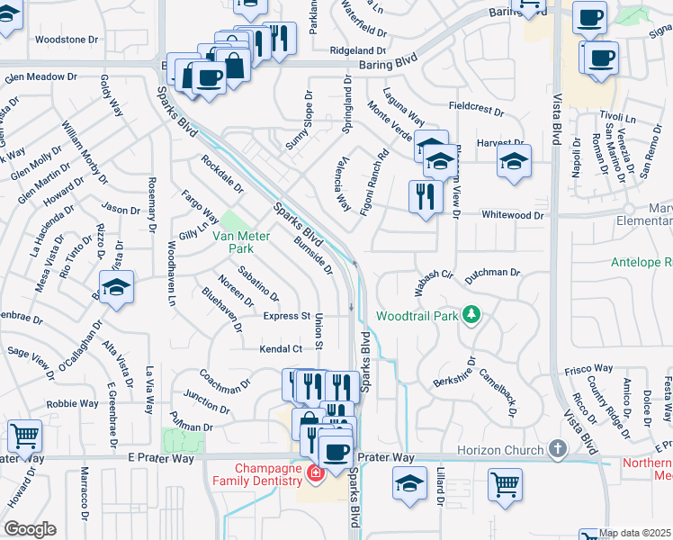map of restaurants, bars, coffee shops, grocery stores, and more near 1830 Burnside Drive in Sparks