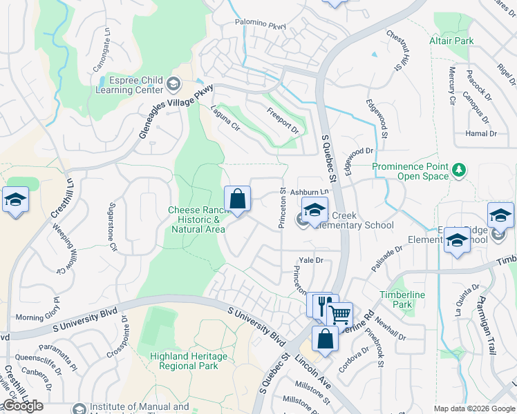 map of restaurants, bars, coffee shops, grocery stores, and more near 6420 Ashburn Lane in Littleton