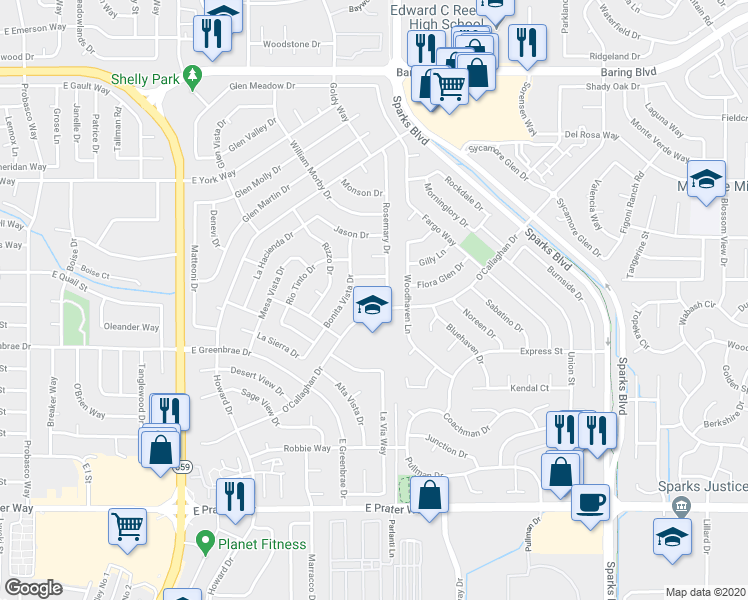 map of restaurants, bars, coffee shops, grocery stores, and more near 1168 O'Callaghan Court in Sparks