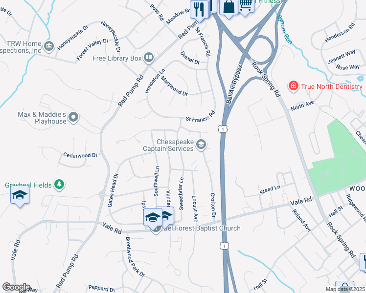 map of restaurants, bars, coffee shops, grocery stores, and more near 1353 Sweetbriar Lane in Bel Air