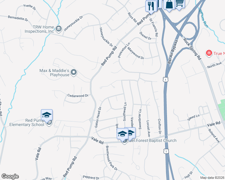 map of restaurants, bars, coffee shops, grocery stores, and more near 1372 Scoflo Court in Bel Air