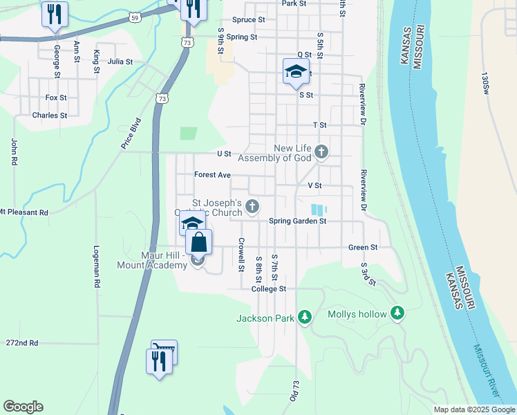map of restaurants, bars, coffee shops, grocery stores, and more near 1226 South 8th Street in Atchison
