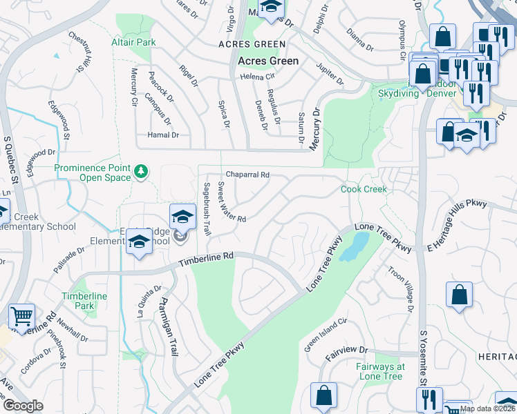map of restaurants, bars, coffee shops, grocery stores, and more near 8080 Sweet Water Road in Lone Tree