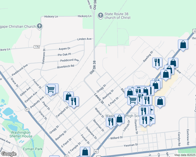 map of restaurants, bars, coffee shops, grocery stores, and more near 1110 Campbell Street in Washington Court House