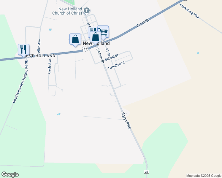 map of restaurants, bars, coffee shops, grocery stores, and more near 249 South Main Street in New Holland