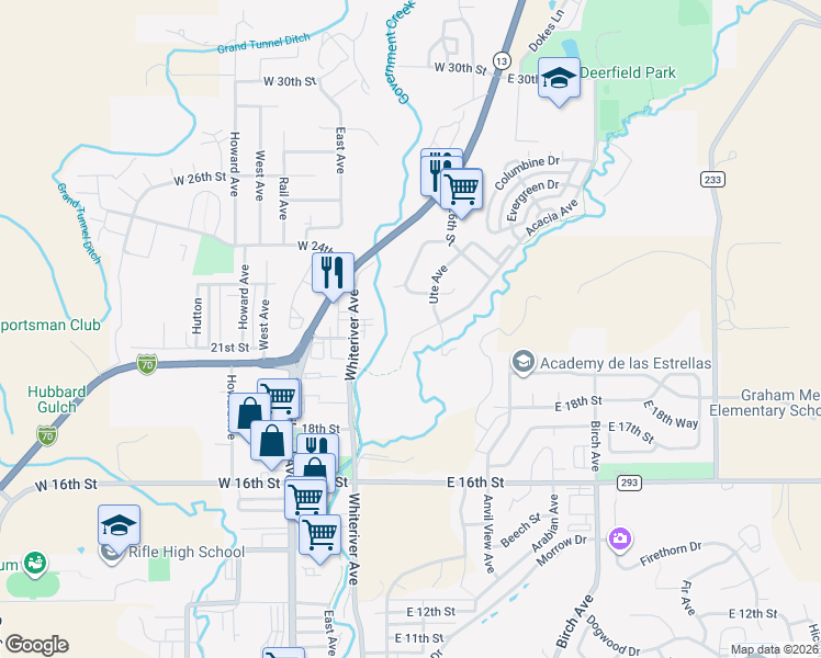 map of restaurants, bars, coffee shops, grocery stores, and more near 2043 Acacia Ave in Rifle