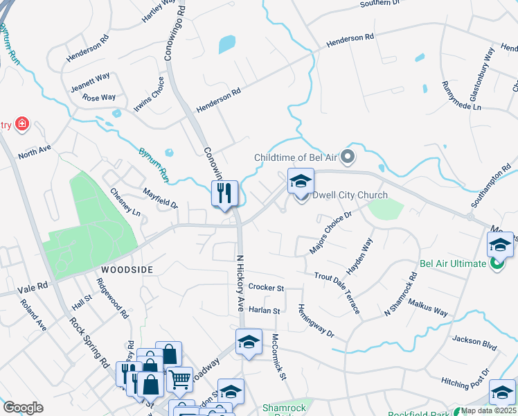 map of restaurants, bars, coffee shops, grocery stores, and more near 610 Moores Mill Road in Bel Air