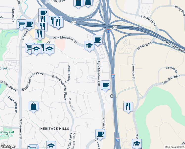 map of restaurants, bars, coffee shops, grocery stores, and more near 10184 Park Meadows Drive in Lone Tree