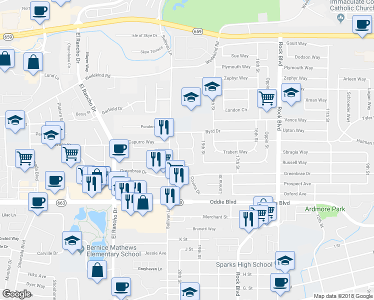 map of restaurants, bars, coffee shops, grocery stores, and more near 1850 Sullivan Lane in Sparks