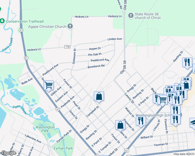 map of restaurants, bars, coffee shops, grocery stores, and more near 1001 Lewis Street in Washington Court House