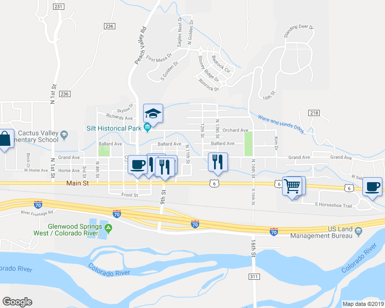 map of restaurants, bars, coffee shops, grocery stores, and more near 320 North 11th Street in Silt