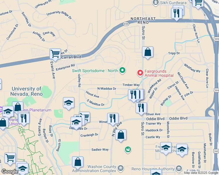 map of restaurants, bars, coffee shops, grocery stores, and more near 805 North Maddux Drive in Reno