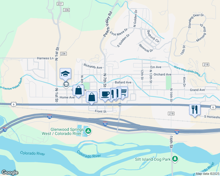 map of restaurants, bars, coffee shops, grocery stores, and more near 730 Grand Avenue in Silt
