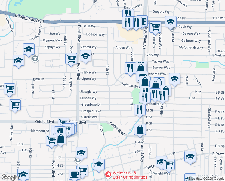 map of restaurants, bars, coffee shops, grocery stores, and more near 1012 Sbragia Way in Sparks