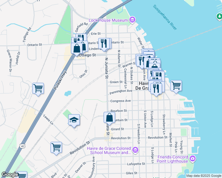 map of restaurants, bars, coffee shops, grocery stores, and more near 715 Pennington Avenue in Havre de Grace