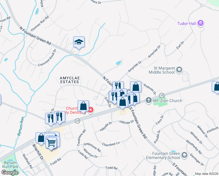 map of restaurants, bars, coffee shops, grocery stores, and more near 1204 Athens Court in Bel Air