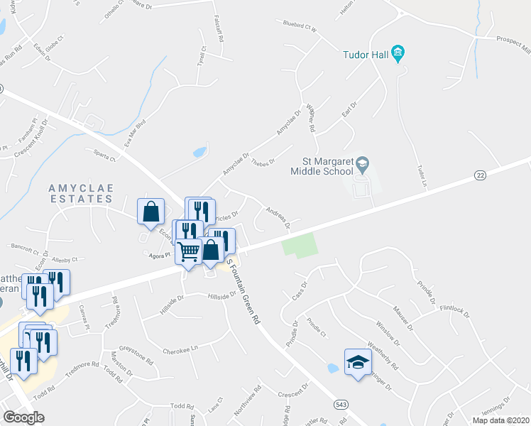 map of restaurants, bars, coffee shops, grocery stores, and more near 1111 Volos Court in Bel Air