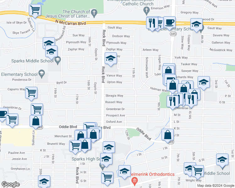 map of restaurants, bars, coffee shops, grocery stores, and more near 1280 Sbragia Way in Sparks