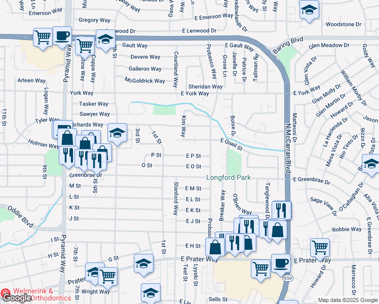 map of restaurants, bars, coffee shops, grocery stores, and more near 14 E P St in Sparks