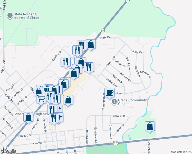 map of restaurants, bars, coffee shops, grocery stores, and more near 364 Glenn Avenue in Washington Court House