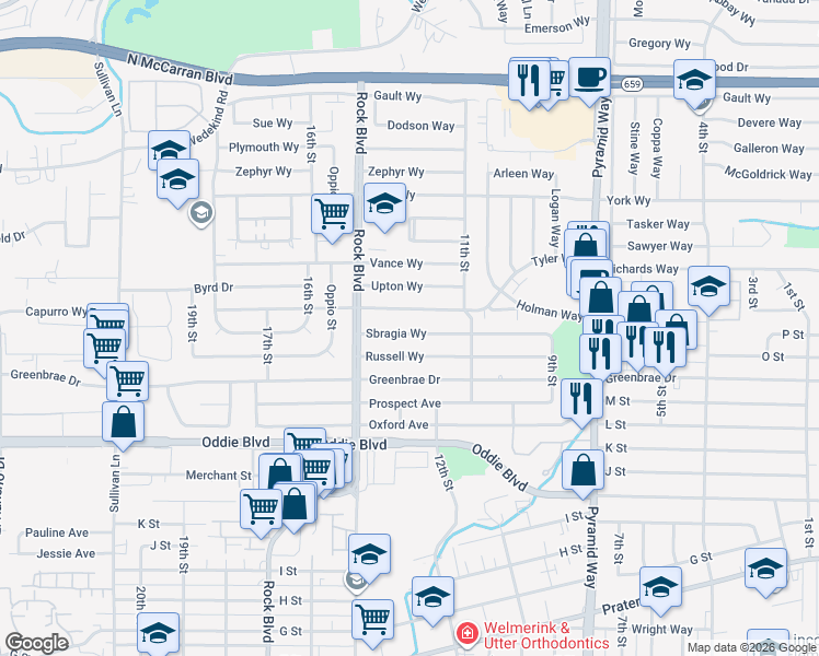 map of restaurants, bars, coffee shops, grocery stores, and more near 1280 Sbragia Way in Sparks