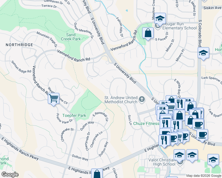 map of restaurants, bars, coffee shops, grocery stores, and more near 9145 Viaggio Way in Littleton