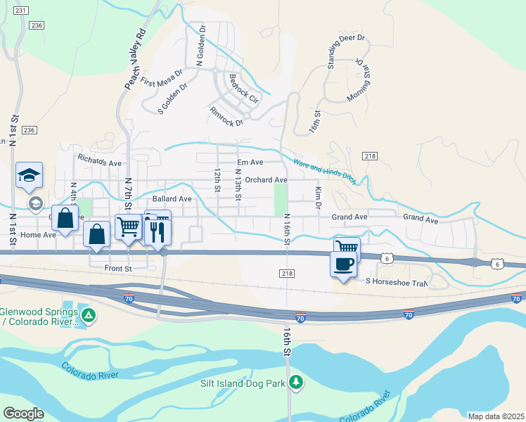 map of restaurants, bars, coffee shops, grocery stores, and more near 1430 Grand Avenue in Silt