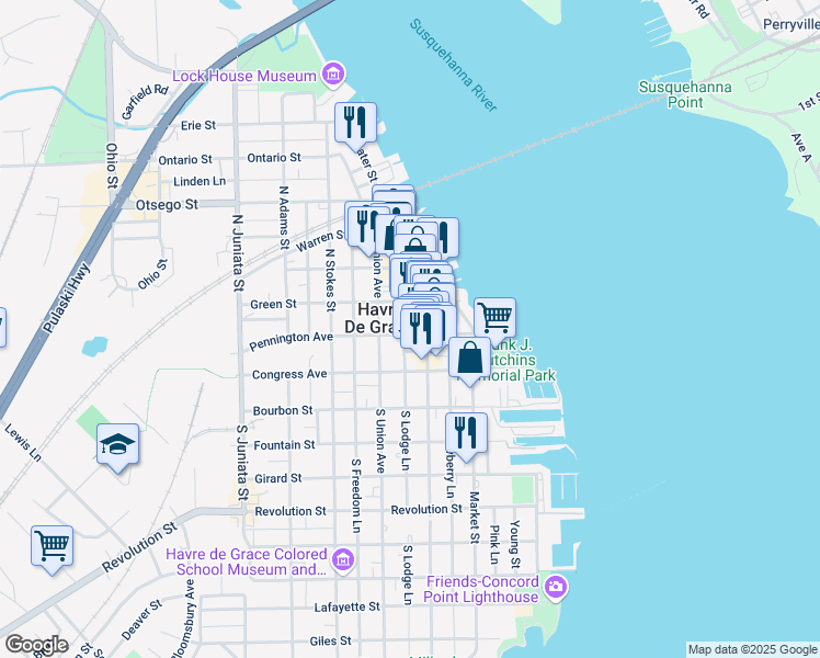 map of restaurants, bars, coffee shops, grocery stores, and more near 415 Pennington Ave in Havre de Grace