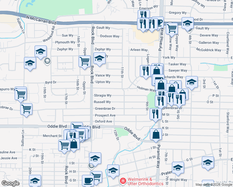 map of restaurants, bars, coffee shops, grocery stores, and more near 1116 Sbragia Way in Sparks