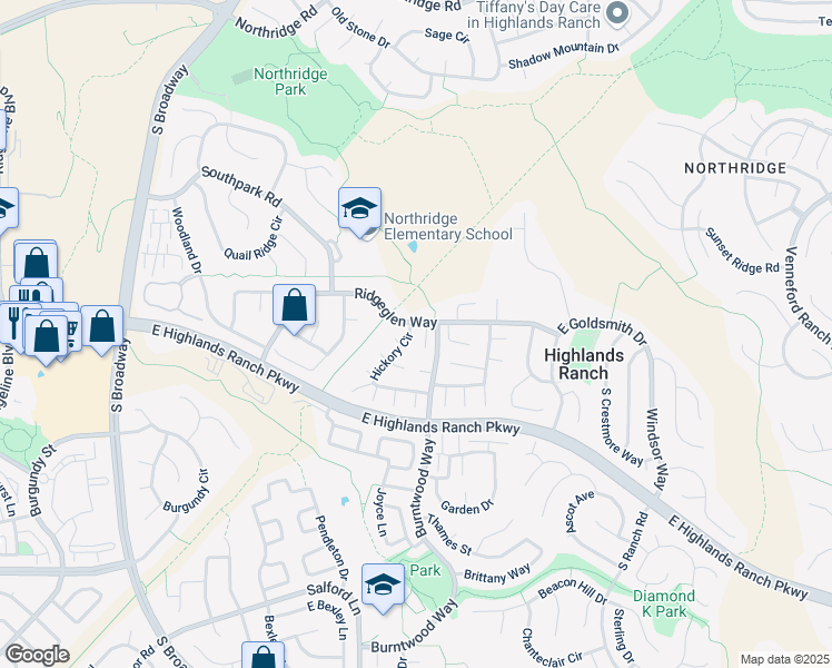 map of restaurants, bars, coffee shops, grocery stores, and more near 9194 Hickory Circle in Littleton