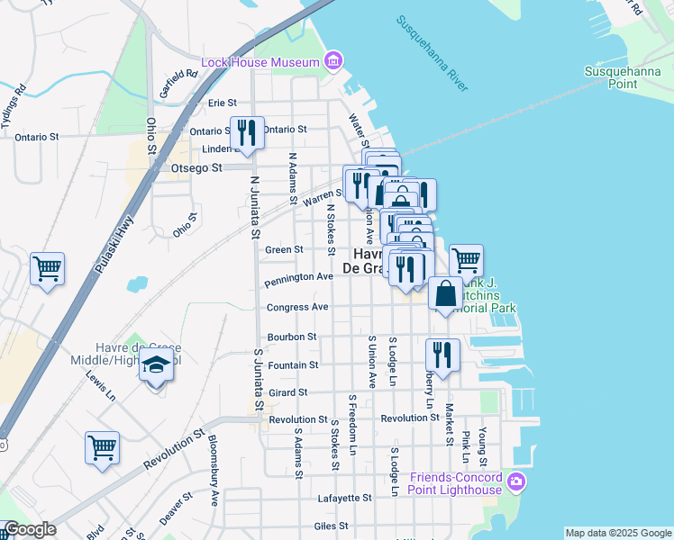 map of restaurants, bars, coffee shops, grocery stores, and more near 205 North Stokes Street in Havre de Grace