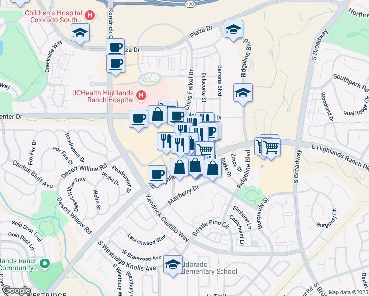 map of restaurants, bars, coffee shops, grocery stores, and more near 1100 Sergeant Jon Stiles Drive in Highlands Ranch
