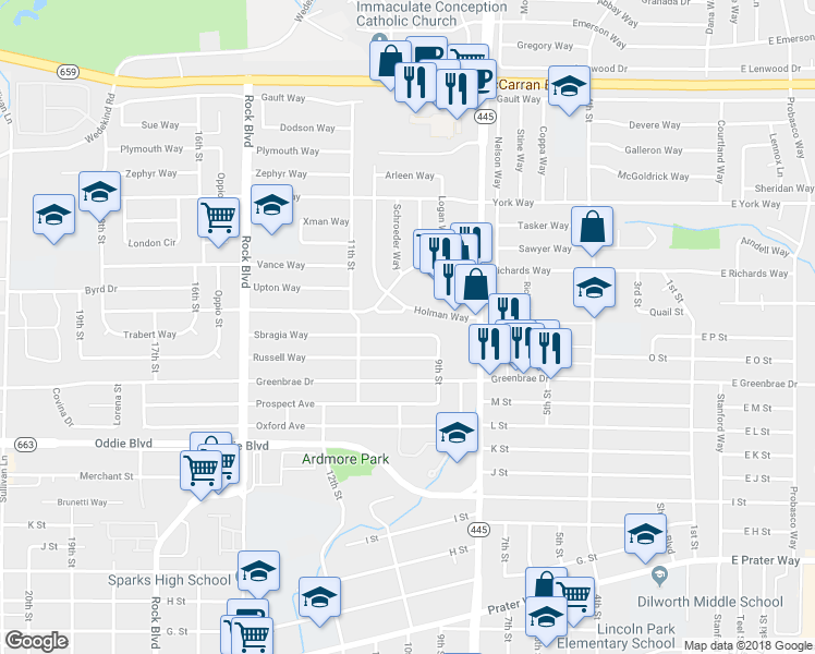 map of restaurants, bars, coffee shops, grocery stores, and more near 914 Sbragia Way in Sparks