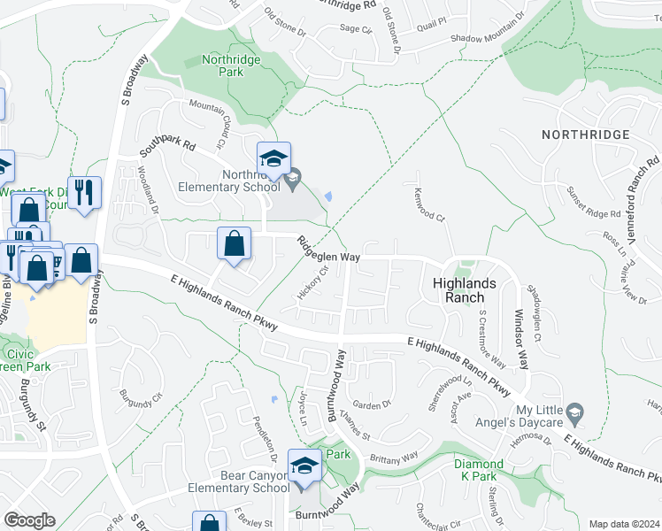 map of restaurants, bars, coffee shops, grocery stores, and more near 9194 Hickory Circle in Littleton