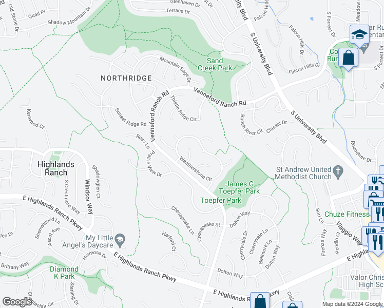 map of restaurants, bars, coffee shops, grocery stores, and more near 9242 Millcreek Court in Littleton