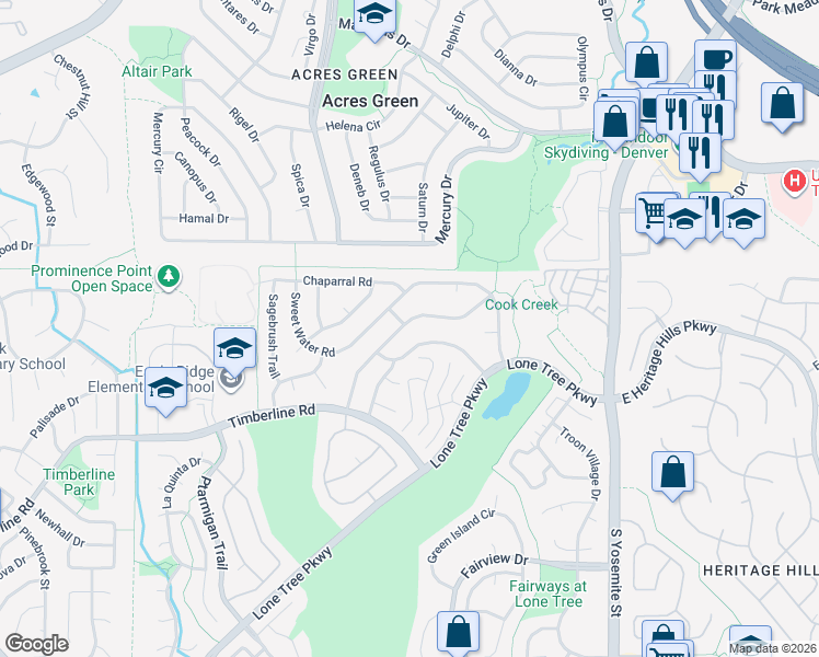 map of restaurants, bars, coffee shops, grocery stores, and more near 8174 Lodgepole Trail in Lone Tree