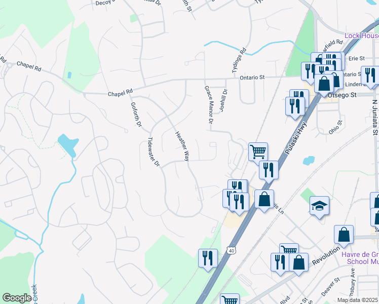 map of restaurants, bars, coffee shops, grocery stores, and more near 322 Heather Way in Havre de Grace