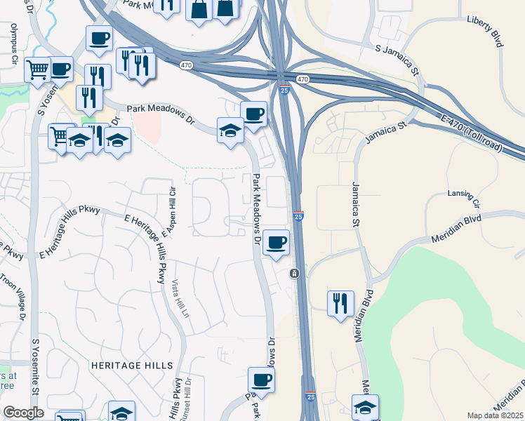 map of restaurants, bars, coffee shops, grocery stores, and more near 10181 Park Meadows Drive in Littleton