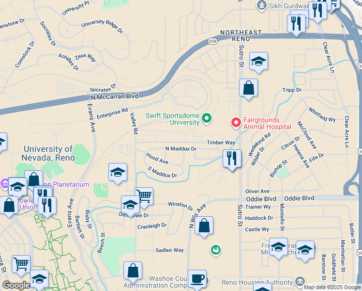 map of restaurants, bars, coffee shops, grocery stores, and more near 805 North Maddux Drive in Reno
