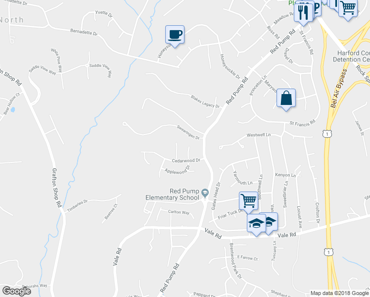 map of restaurants, bars, coffee shops, grocery stores, and more near 506 Applewood Drive in Bel Air
