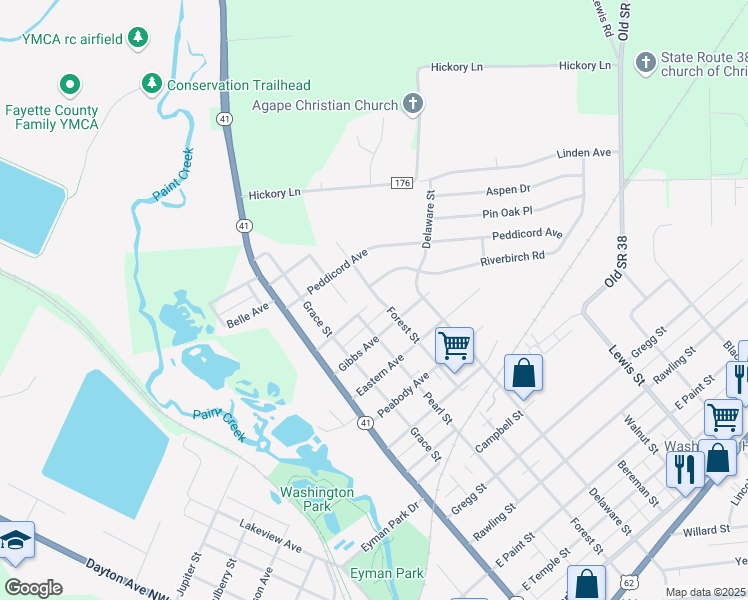 map of restaurants, bars, coffee shops, grocery stores, and more near 1280 Forest Street in Washington Court House