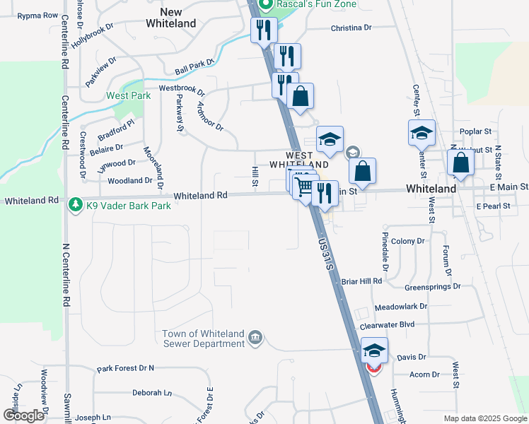 map of restaurants, bars, coffee shops, grocery stores, and more near 610 Whiteland Road in Whiteland