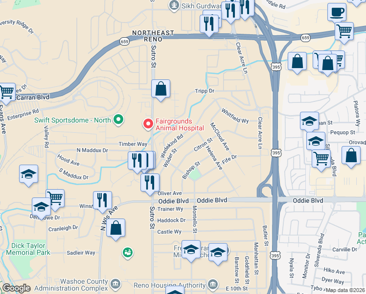 map of restaurants, bars, coffee shops, grocery stores, and more near 1950 Wilder Street in Reno