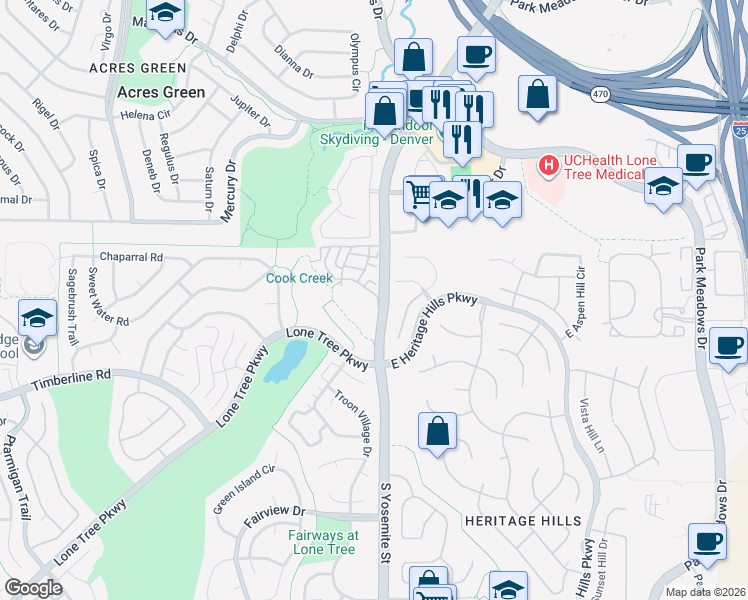 map of restaurants, bars, coffee shops, grocery stores, and more near 8870 Fiesta Terrace in Lone Tree