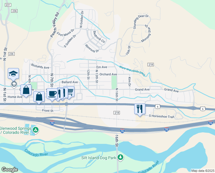 map of restaurants, bars, coffee shops, grocery stores, and more near 1430 Grand Avenue in Silt