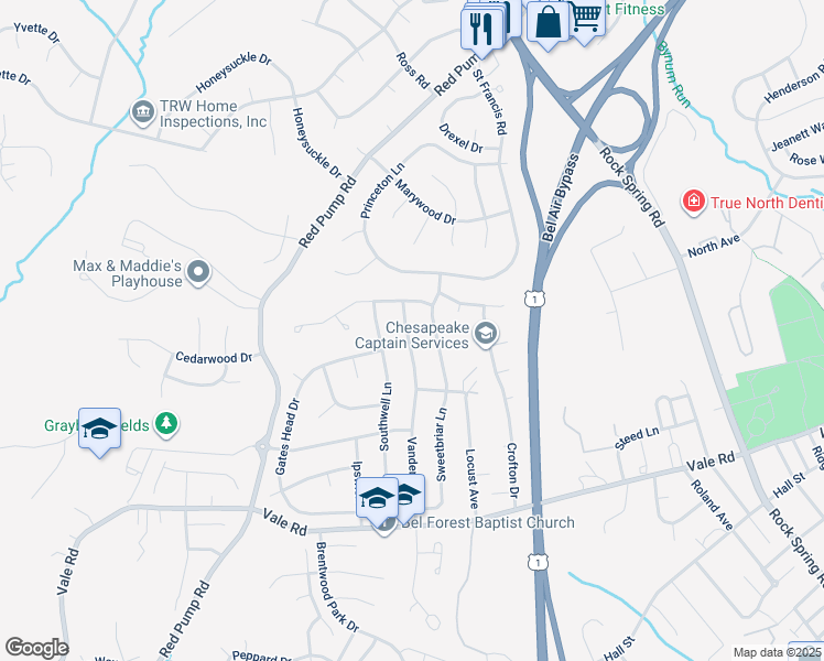 map of restaurants, bars, coffee shops, grocery stores, and more near 1351 Vanderbilt Road in Bel Air