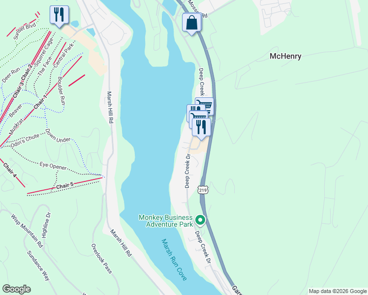 map of restaurants, bars, coffee shops, grocery stores, and more near 38 Lakeside Village Lane in McHenry