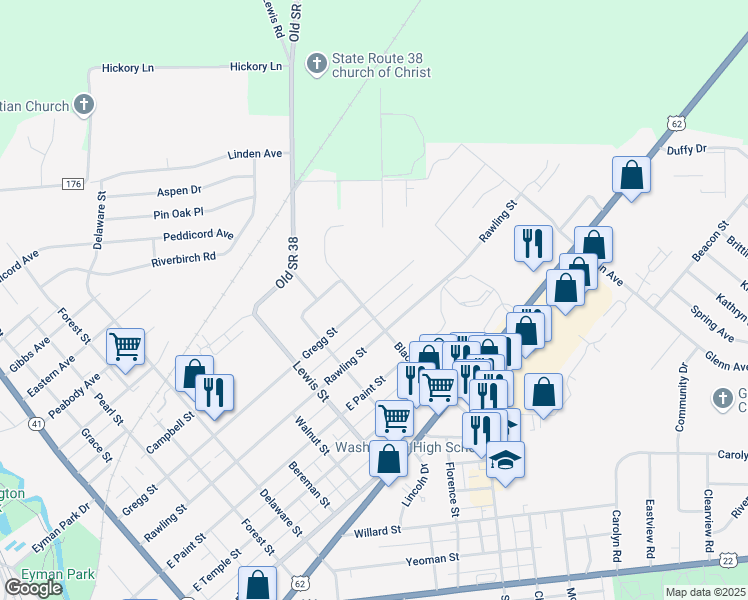 map of restaurants, bars, coffee shops, grocery stores, and more near 1205 Gregg Street in Washington Court House