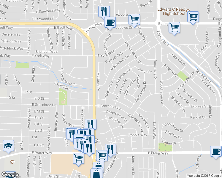 map of restaurants, bars, coffee shops, grocery stores, and more near 1850 Howard Drive in Sparks