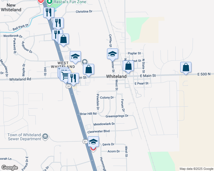map of restaurants, bars, coffee shops, grocery stores, and more near 429 Pearl Street in Whiteland